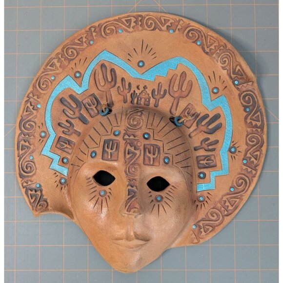 Handcrafted Terracotta Wall Mask Tribal Cactus Design Blue Accents - Picture 7 of 13